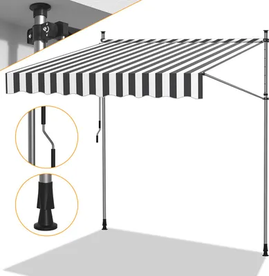 Zdjęcie produktu dla Markiza klipsowa Clanmacy 350 x 120 cm – markiza balkonowa z regulacją wysokości i korbą ręczną; osłona przeciwsłoneczna do montażu bez wiercenia na tarasie i balkonie; kolor: szary i biały