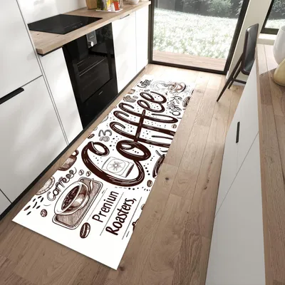 Produktbild von Küchenläufer 80 x 250 cm Braun rutschfest & waschbar – Küchenteppich Handgezeichneter Kaffee PVC Teppichläufer Küche