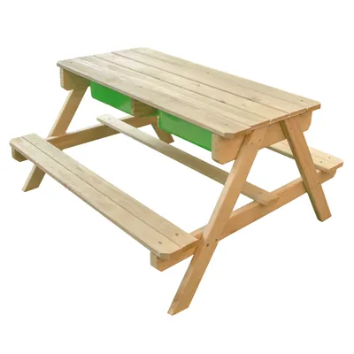 Produktbild von SUNNY Dual Top Kinder Sand & Wasser Picknicktisch aus  Holz | Wasserspieltisch & Sandtisch mit Deckel und grünen Behältern | Kindertisch / Matschtisch mit Kreidetafel für den Garten