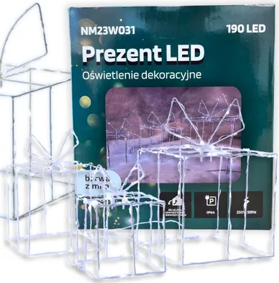 Three illuminated gift box decorations are shown in front of a product box.