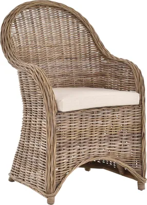 Produktbild von KRINES HOME Moderner Esszimmer-Sessel/Korbsessel aus Grauem Natur-Rattan mit Sitzkissen