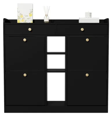Immagine prodotto di Armadio per scarpe - Contenitore per scarpe - 110 x 26 x 100 cm - 4 ante a battente - 2 cassetti - 3 scomparti aperti - Ideale per l'ingresso - Colore: nero
