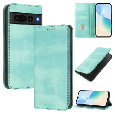 Produktbild von Handyhülle für Google Pixel 7 Pro, Vintage Leder RFID Schutz Kartenfach Standfunktion Magnetische Klapphülle Türkis
