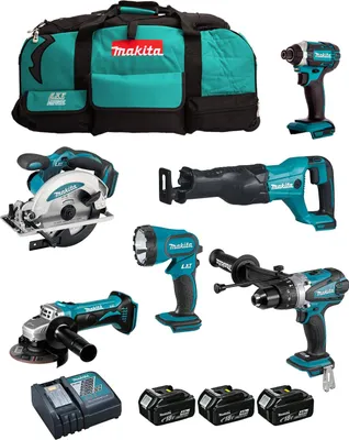 A collection of Makita power tools and accessories laid out on a white background.