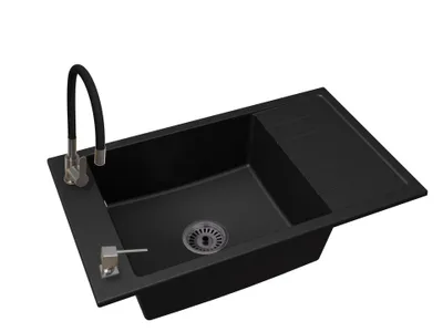 Produktbild von Küchenspüle Einbecken LUIS mit Abtropffläche + Siphon Schwarz + Armatur FLEX + Seifenspender