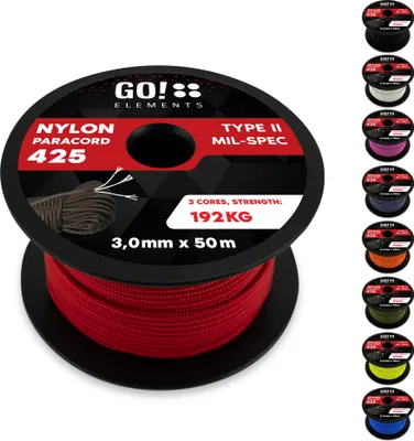 Produktbild von GO!elements 50m Paracord Seil aus reißfestem Nylon - 3mm Paracord 425 Typ II max. 192kg - Schnüre als Outdoor Seil, Allzweckseil, Survival Seil, Armband, Hundeleine, Nylonschnur, Farbe: Rot