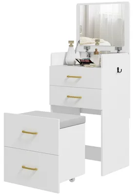 Image de Table de maquillage 3 en 1 avec miroir et tabouret à roulettes – Blanc | Couleur : Blanc | Dimensions : 48 x 40 x 90 cm