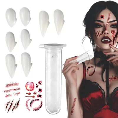 Vampirzahn-Set, 4 Paar, 4 Größen, mit Kleber & Tattoos