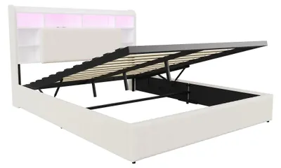 Productafbeelding van Bedframe van linnen - Bed met opbergruimte en gasliftmechanisme - LED-verlichting - Oplaadstation - Hoofdeinde met planken - 140 x 200 cm - Beige