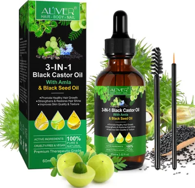 Immagine prodotto di Olio per capelli Olio essenziale per la cura dei capelli Olio di ricino Olio di amla Olio di cumino nero 3 in 1 per pelle e capelli Biologico, 1x 60ml