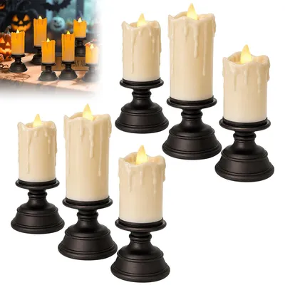 Produktbild von 6er Set Halloween LED Kerzen, flackernde Lichterkette, flammenlose Tischdeko mit orangefarbenem Licht für Party, Outdoor, Weihnachten & Thanksgiving