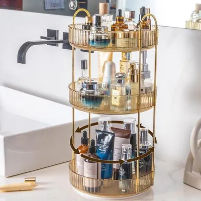 Obrázok produktu pre Uniqoos® 360° otočný organizér na kozmetiku, 3 úrovne, vyrobený z ABS plastu s kovovým rámom – stabilné úložisko na make-up a kozmetiku, šetrné k priestoru