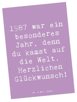 Produktbild von Mr. & Mrs. Panda Postkarte Spruch 1987 Geburtstag - Lavendeltraum - Geschenk, Ansichtskarten, bildkarte, Grußkarte, Alter, besonderes Jahr, Erinnerungen, Postkarten