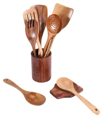 Productafbeelding van 9-delig Houten Lepel Set met Houder - Teakhouten Keukenhulpmiddel