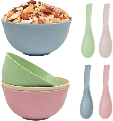 Obrázek produktu pro Sada čtyř nerozbitných plastových misek Unyqoos® s čtyřmi barevnými lžičkami – vhodné do mikrovlnné trouby a myčky, ideální na polévky, svačiny a na cesty