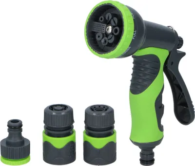 Produktbild von Kinzo Gartenbrause-Set - 4 Teile - 8 Funktionen - Grün/Grau, 1 Brausekopf, 1 Wasserhahn und 2 Armaturen