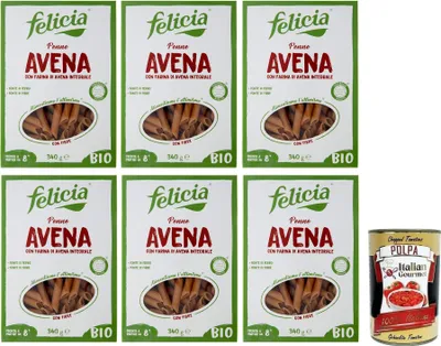 Produktbild von 6x Felicia Penne Avena,Pasta con Farina di Avena integrale,Nudeln mit Vollkorn-Haferflocken,Bio und Natürlich Glutenfrei,Packung mit 340g + Italian Gourmet Polpa di Pomodoro 400g Dose
