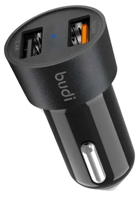 Produktbild von Budi, Kfz Ladegerät USB-A Doppelport QC 3.0 2.4A mit LED, Schwarz