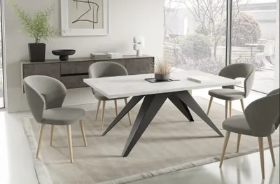 Immagine prodotto di Sedia imbottita LUNA grigio confortevole, sedia su gambe alte in legno in tessuto intrecciato, design moderno da abbinare al tavolo da pranzo