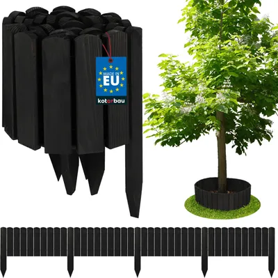 A product image showing black wooden garden edging and a small tree surrounded by similar edging.