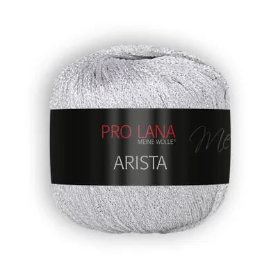 A ball of silver yarn with a black label.