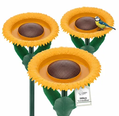 Produktbild von WILDLIFE HOME Trink- & Futterblume 3 Stück I Vogeltränke stehend für Wildvögel 60cm I Vogelfutterspender mit Ständer, Vogelfutterstation, Futterspender für Vögel im Garten 3er Set, KI-generiertes Bild