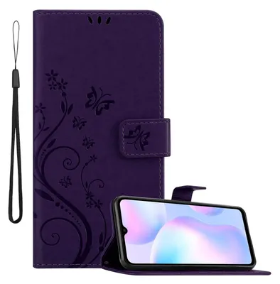 Obrázok produktu pre Cadorabo kryt pre Xiaomi RedMi 9A / RedMi 9AT in FLORAL DARK PURPLE ochranný kryt v kvetinovom dizajne s magnetickým zatváraním, funkciou stojana a slotmi na karty flipové puzdro kvetinový kryt puzdro s chlopňou na mobilný telefón puzdro typu kniha