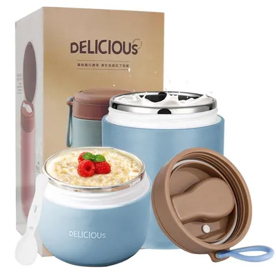 Produktbild von Müslibecher To Go mit Löffel, Edelstahl Porridge Becher 730ml Auslaufsicher, Doppelschicht, Blau