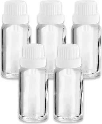 Produktbild von 5x Klarglasflasche 20 ml mit weißem Tropfer Tropfeinsatz leer 18/415