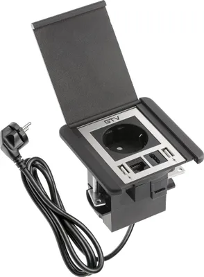 Produktbild von GTV - Möbelsteckdose FLIP, Einbausteckdose, 1x Schuko Steckdose, 2X USB A, 1x RJ45, 1x HDMI, Kabellänge 1,5m, Farbe Schwarz, für Schreibtische, Tischplatte, Küchen und Büro