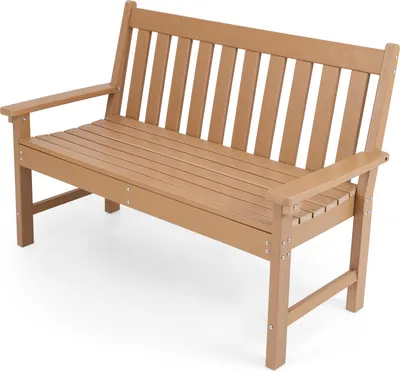 A brown plastic garden bench shown from a slight angle against a white background.
