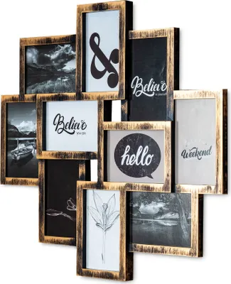 A collage of photo frames with various black and white images and text.