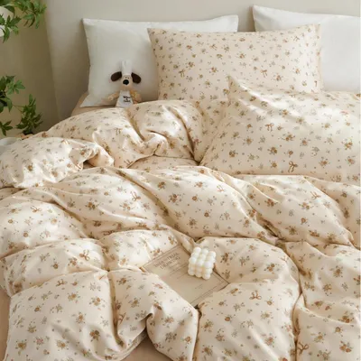 Produktbild von Bettwäsche-Set 220x240cm Baumwolle Beige Khaki Blumen 1 Bettbezug 2 Kopfkissenbezüge