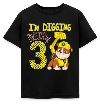 Produktbild von Spreadshirt Paw Patrol Geschenk 3 Jahre Geburtstag Rubble Kinder T-Shirt, 110/116 (5-6 Jahre), Schwarz