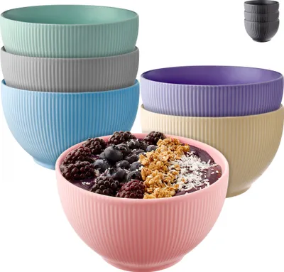 Image de Praknu Ensemble de bols à céréales - Céramique Multicolore - Ensemble de 6 bols - Grand bol à céréales - Passe au micro-ondes & au lave-vaisselle - Bols à soupe de 700ml (couleurs pastel)