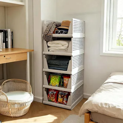 Obrázek produktu pro Sada 5 úložných boxů na oblečení, posuvný organizér do skříně, stohovatelné plastové úložné boxy do skříně