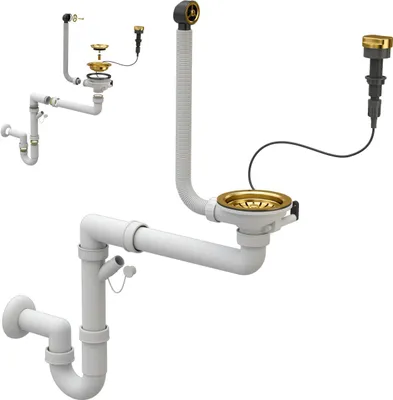 Produktbild von Granitan Küchenspülen Siphon, Küchenspülenablauf mit Anschluss Geschirrspülmaschine, Ablaufgarnitur mit Automatischen Stopfen, Einzeln Form, Gold