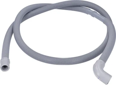 A gray corrugated drain hose for a washing machine, coiled on a white background.
