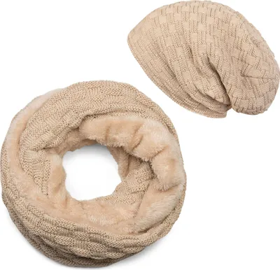 Produktbild von styleBREAKER Strick Loop Schal und Beanie Mütze Set mit Flecht Muster, Fleece Innenfutter, Winter, Uni 01018211