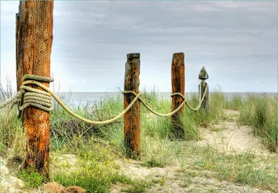 Produktbild von Wallario Fototapete Vliestapete, seidenmatte Oberfläche, einfache Verarbeitung, Größe 200 x 140 cm, Motiv Düne am Strand mit Holzpfahl