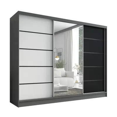 Produktbild von Schwebetürenschrank, 3-türig Schrank 200 cm mit Spiegel ARIVA 2 (Graphit/ Schwarz / Weiß)