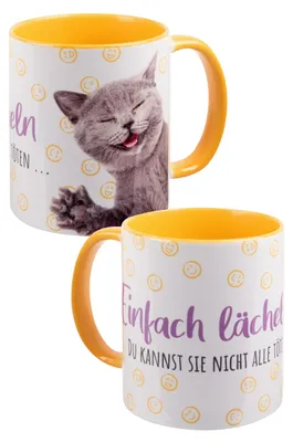 Katzenbecher aus Keramik, Gelb/Weiß, 320 ml