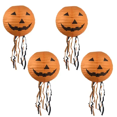 Productafbeelding van Papieren lantaarns - Pompoenontwerp met snorren - Decoratieve hanglampen - 4 stuks, 20 cm