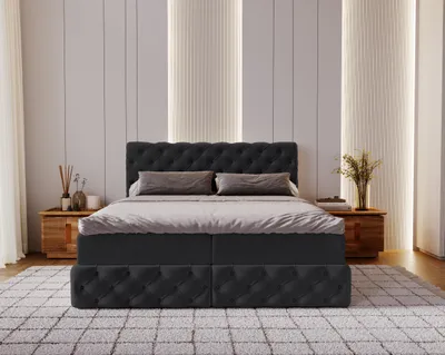 Zdjęcie produktu dla Łóżko Chesterfield kontynentalne z pojemnikiem na pościel Tkanina Royal Velvet Czarny 180x200 cm
