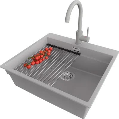 Produktbild von PRIMAGRAN Granitspüle Grau 58x53cm, Spülbecken 1 Becken + Küchenarmatur 32x20cm + Ablauf-Set + Küchenzubehörset, Küchenspüle ab 60er Unterschrank - Oslo Max