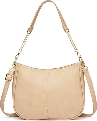 Image de (Beige)Petit sac crossbody pour femme, cuir vegan, porte-monnaie, chaîne, décor, sac hobo