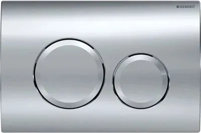A close-up studio shot of a chrome toilet flush plate with two buttons.