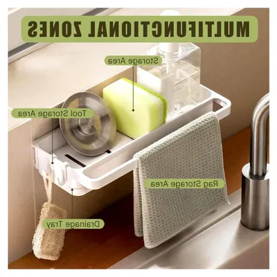Produktbild von Hängender Spülbecken Organizer, Wandorganizer für Spülbecken, 28x14x5.5cm, Weiß, Ohne Bohren, Herausnehmbare Tropfschale, Multifunktionaler Küchen Organizer für Küche und Bad, Robust, Hygienisch