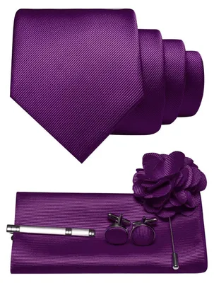 Produktbild von Herren Krawatten-Set Twill einfarbig Lila mit Pocket Square Manschettenknöpfen Krawattenklemme Blütenbrosche Geschenkset