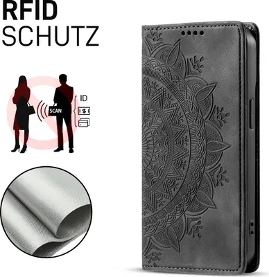 Produktbild von Mandala Handyhülle für Apple iPhone 18 Pro RFID Schutz Klapphülle Case Cover Design Schutzhülle Farbe: Schwarz